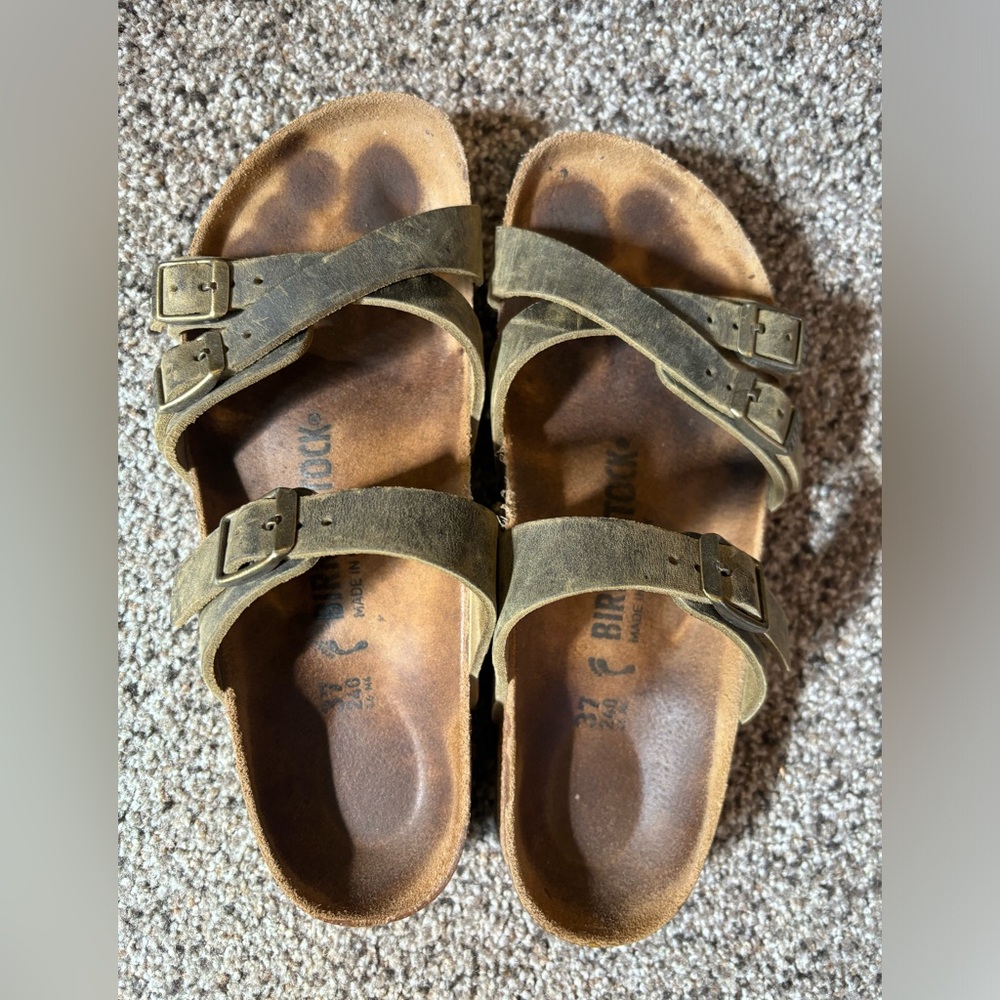 Birkenstocks Franca Green Oiled Leather Sandals, size 37 Narrow
